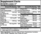 Supplement Facts panel for Focus Powder (Sour Grape), listing serving size, servings per container and the full ingredient list